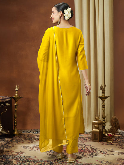 Janasya Women's Mustard Silk Blend Embellished Straight Kurta Set