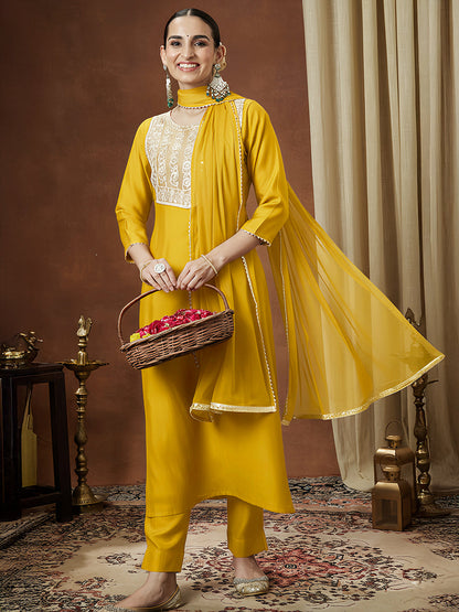 Janasya Women's Mustard Silk Blend Embellished Straight Kurta Set