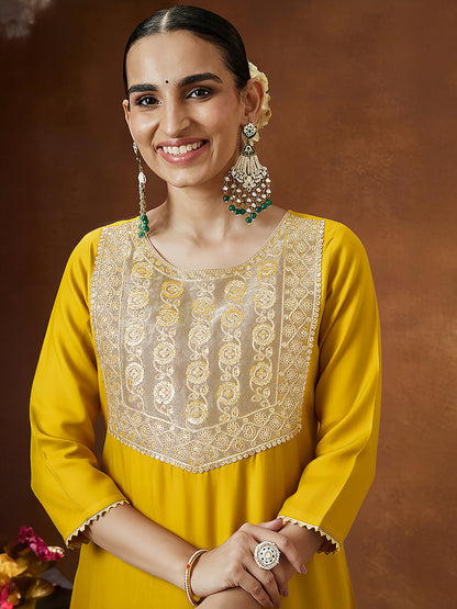 Janasya Women's Mustard Silk Blend Embellished Straight Kurta Set