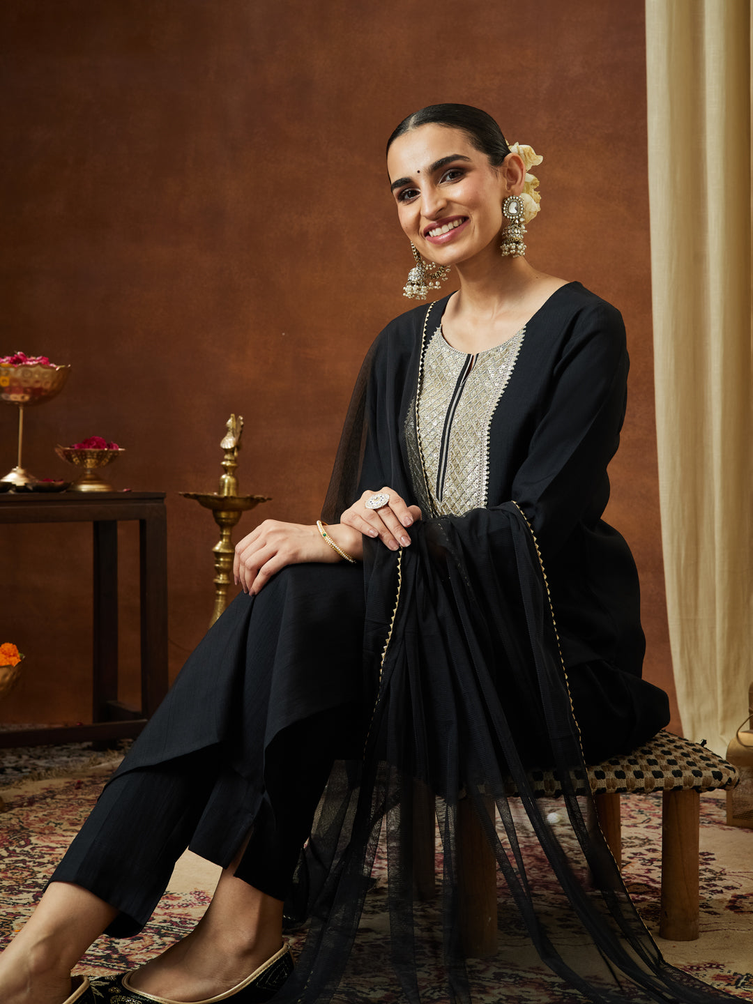Janasya Women's Black Silk Blend Embellished Yoke Design Straight Kurta Set