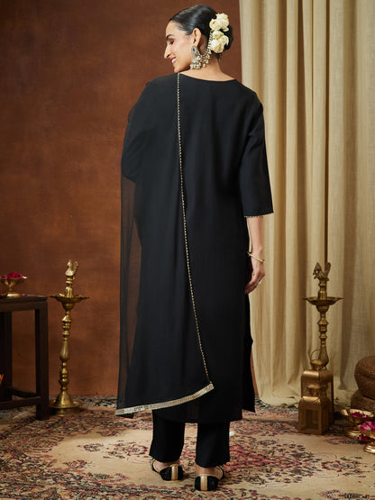 Janasya Women's Black Silk Blend Embellished Yoke Design Straight Kurta Set