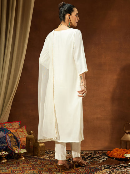 Janasya Women's Off White Silk Blend Zari Yoke Embroidered Straight Kurta Set