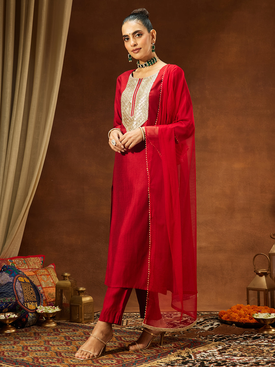 Janasya Women's Maroon Silk Blend Embellished Straight Kurta Set