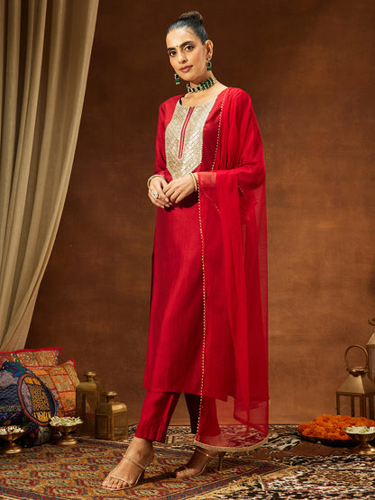 Janasya Women's Maroon Silk Blend Embellished Straight Kurta Set