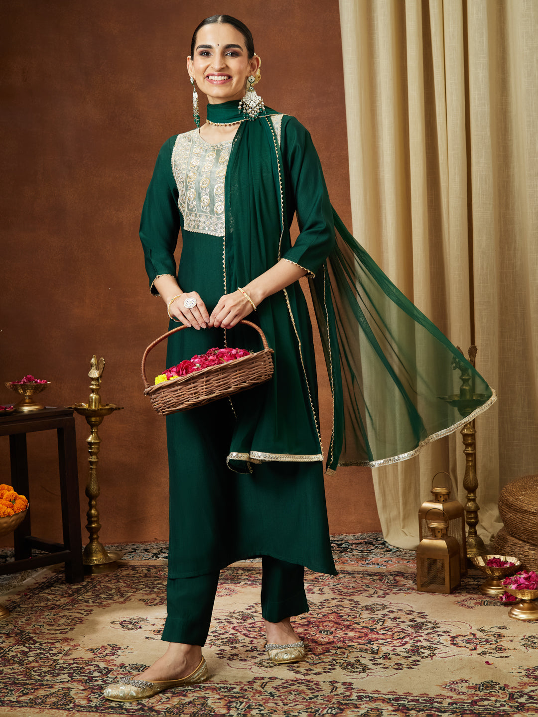 Janasya Women's Bottle Green Silk Blend Embellished Yoke Design Straight Kurta Set