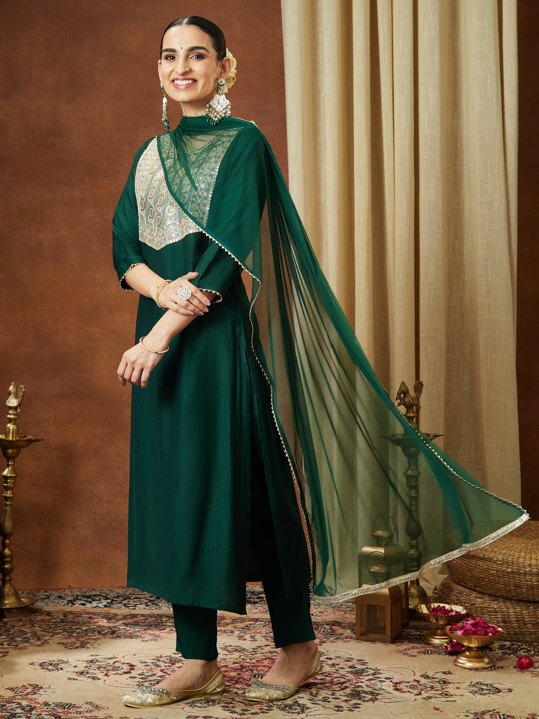 Janasya Women's Bottle Green Silk Blend Embellished Yoke Design Straight Kurta Set