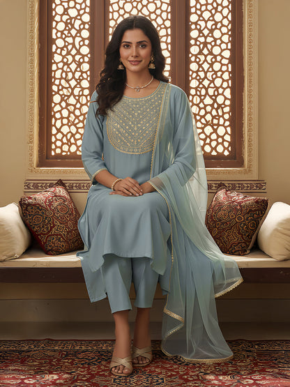 Janasya Women's Powder Blue Silk Blend Embellished Straight Kurta Set