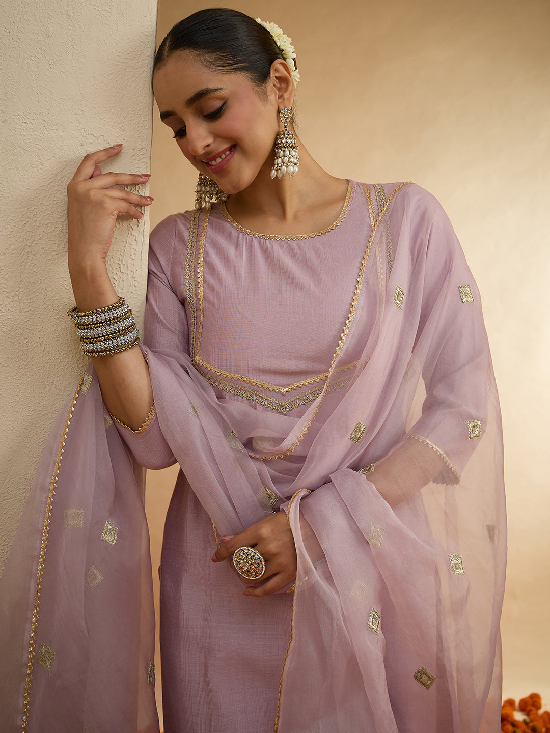 Janasya Women's Lavender Silk Blend Zari Yoke Design Straight Kurta Set