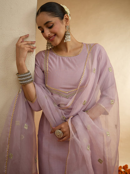 Janasya Women's Lavender Silk Blend Zari Yoke Design Straight Kurta Set