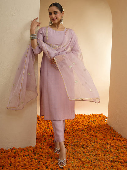 Janasya Women's Lavender Silk Blend Zari Yoke Design Straight Kurta Set