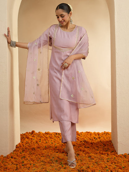 Janasya Women's Lavender Silk Blend Zari Yoke Design Straight Kurta Set