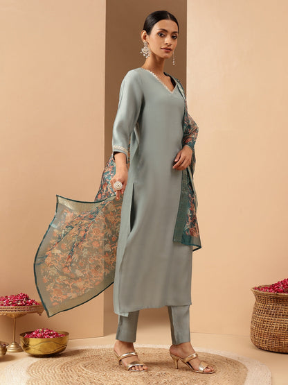 Janasya Women's Powder Blue Silk Blend Embellished Straight Kurta Set With Printed Jacquard Dupatta