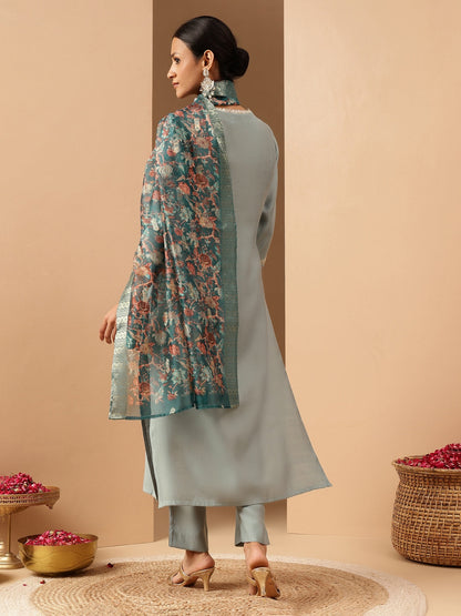 Janasya Women's Powder Blue Silk Blend Embellished Straight Kurta Set With Printed Jacquard Dupatta