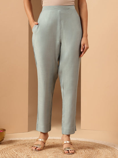 Janasya Women's Powder Blue Silk Blend Embellished Straight Kurta Set With Printed Jacquard Dupatta