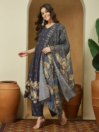 Janasya Women's Black Cotton Blend Embllished A-line Kurta Set