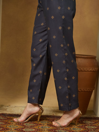 Janasya Women's Black Cotton Blend Embllished A-line Kurta Set