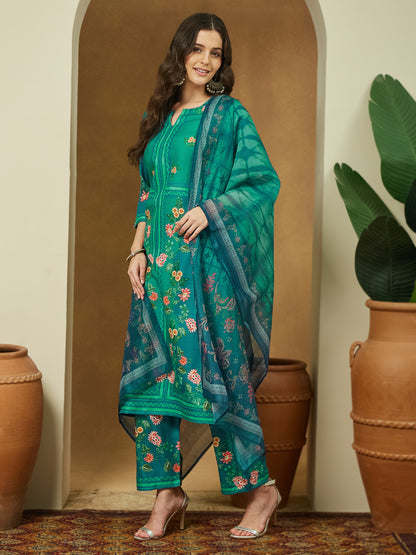 Janasya Women's Teal Blue Cotton Blend Floral Printed Straight Kurta Set