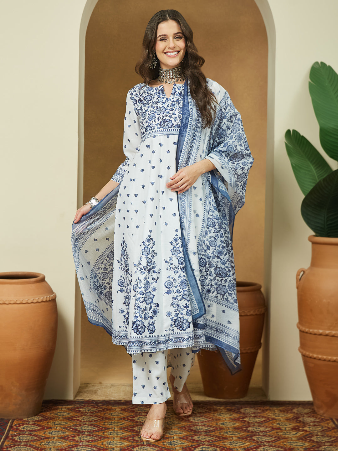 Janasya Women's White Cotton Blend Floral Printed Anarkali Kurta Set