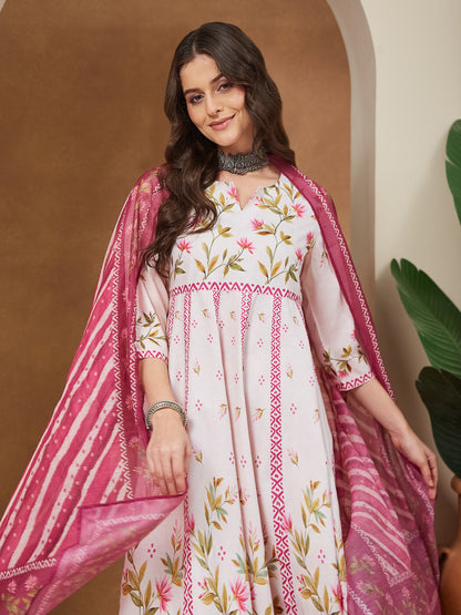 Janasya Women's Cream Cotton Blend Floral Printed Anarkali Kurta Set