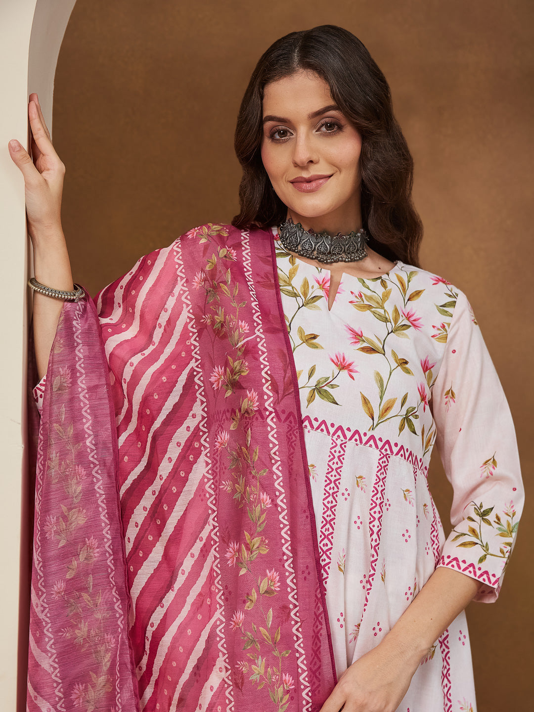 Janasya Women's Cream Cotton Blend Floral Printed Anarkali Kurta Set