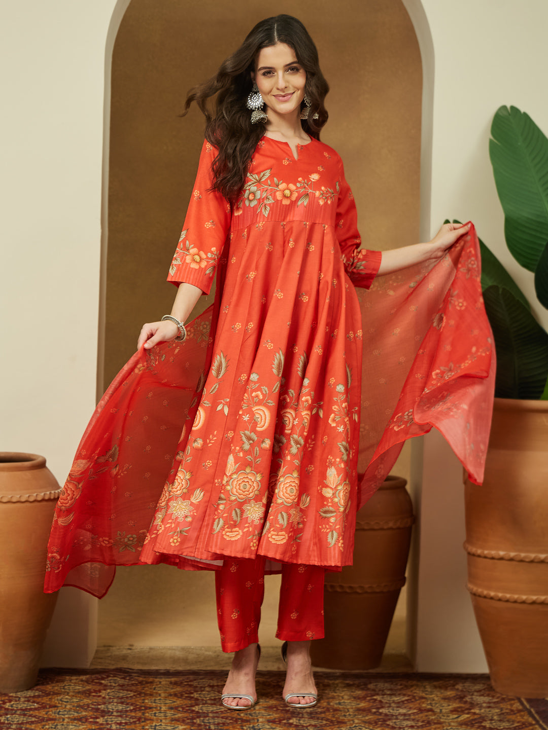 Janasya Women's Orange Cotton Blend Floral Printed Anarkali Kurta Set