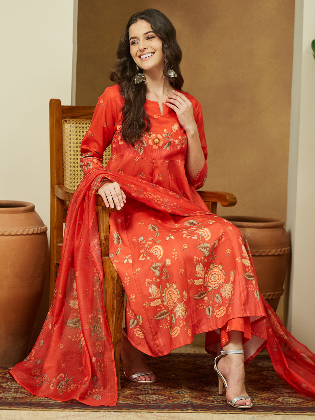Janasya Women's Orange Cotton Blend Floral Printed Anarkali Kurta Set