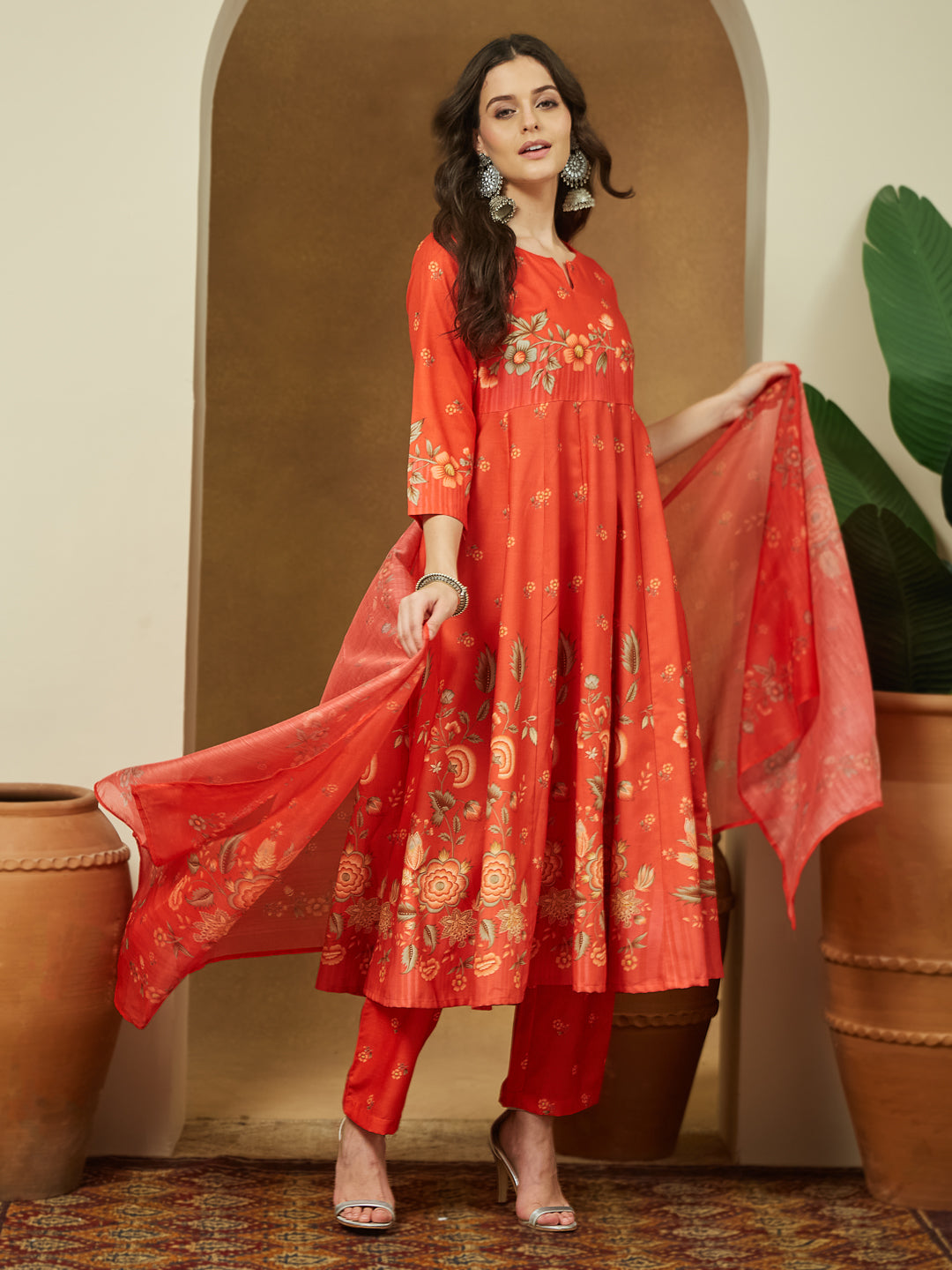 Janasya Women's Orange Cotton Blend Floral Printed Anarkali Kurta Set