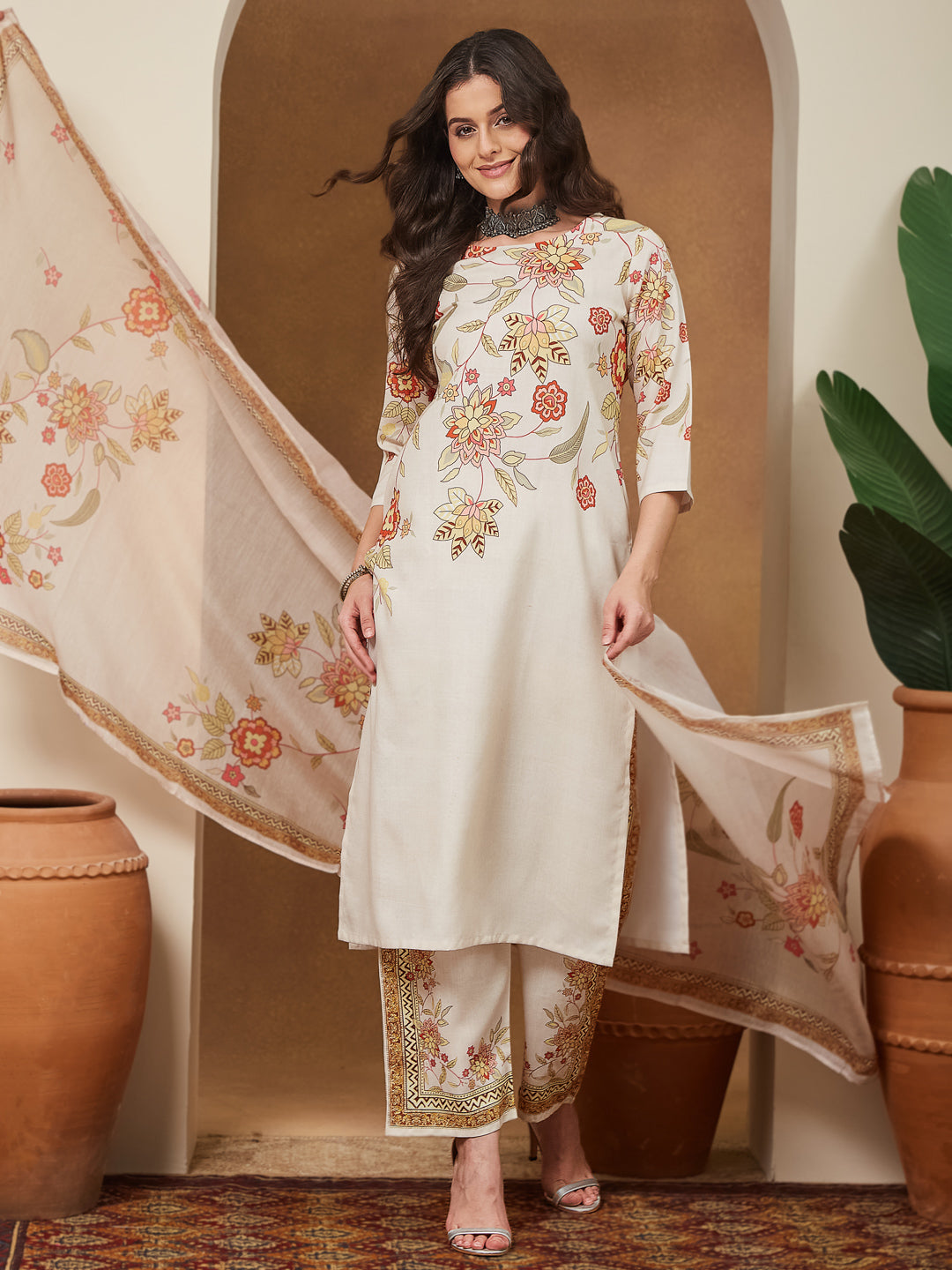 Janasya Women's Cream Cotton Blend Floral Printed Straight Kurta Set