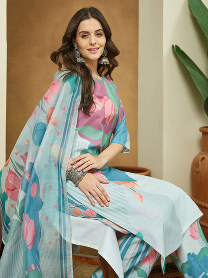 Janasya Women's Multicolor Cotton Blend Abstract Printed Straight Kurta Set