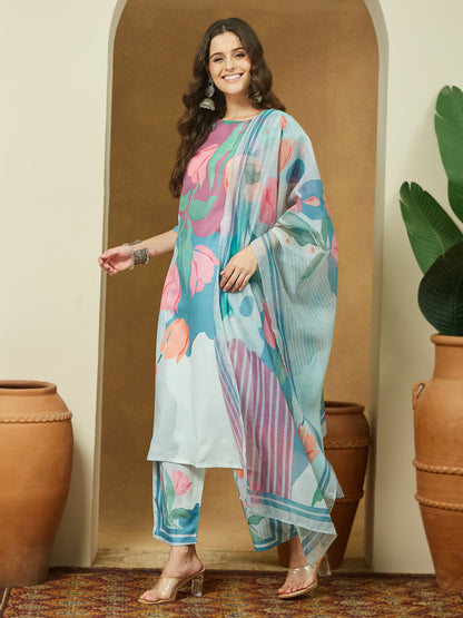 Janasya Women's Multicolor Cotton Blend Abstract Printed Straight Kurta Set