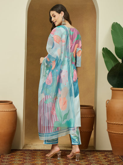 Janasya Women's Multicolor Cotton Blend Abstract Printed Straight Kurta Set