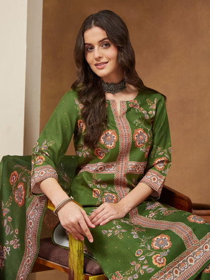 Janasya Women's Mehendi Green Cotton Blend Floral Printed Straight Kurta Set