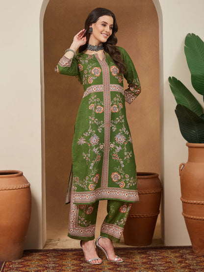 Janasya Women's Mehendi Green Cotton Blend Floral Printed Straight Kurta Set