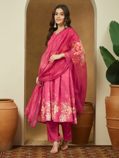Janasya Women's Pink Cotton Blend Floral Printed Anarkali Kurta Set
