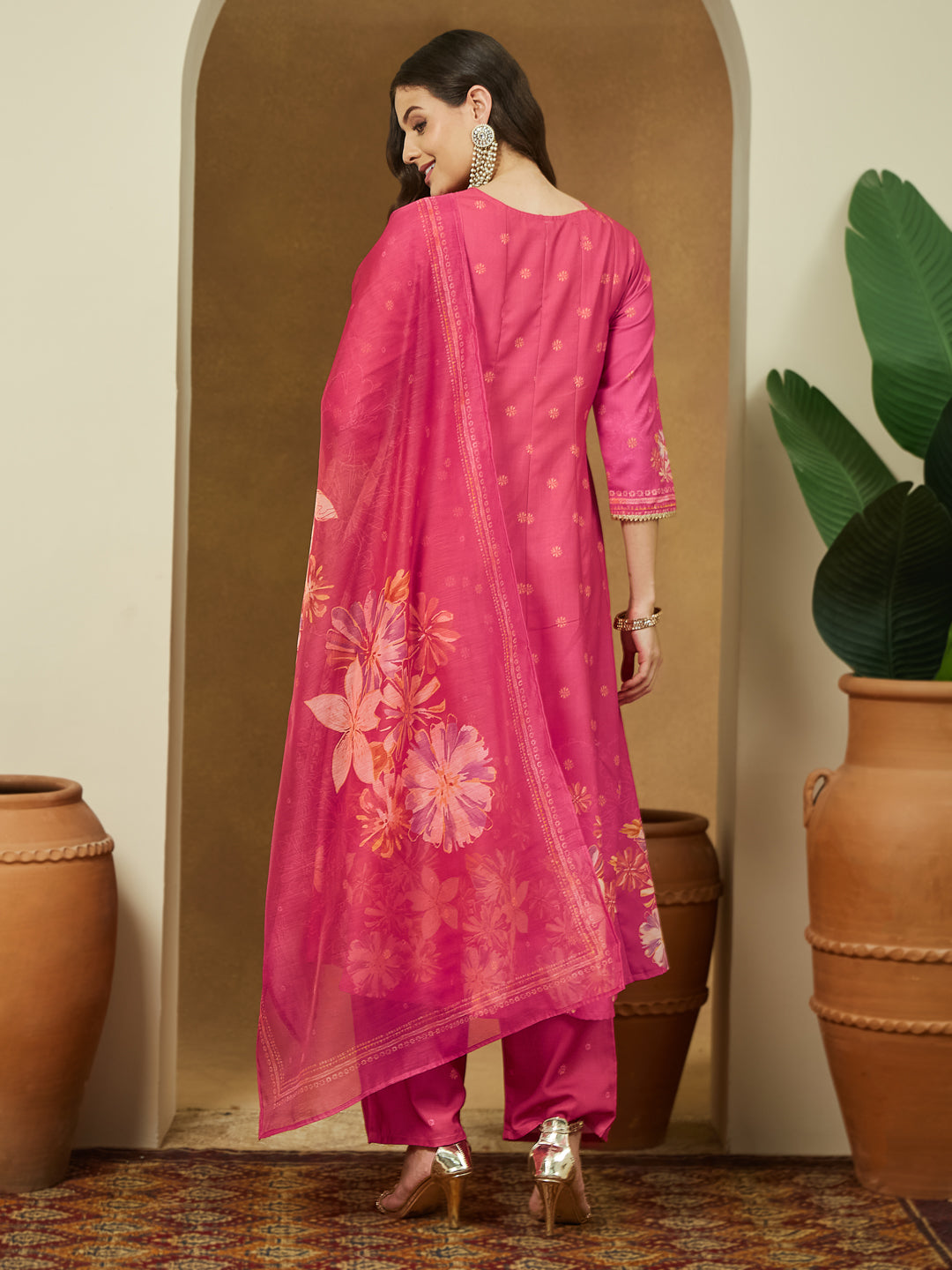 Janasya Women's Pink Cotton Blend Floral Printed Anarkali Kurta Set