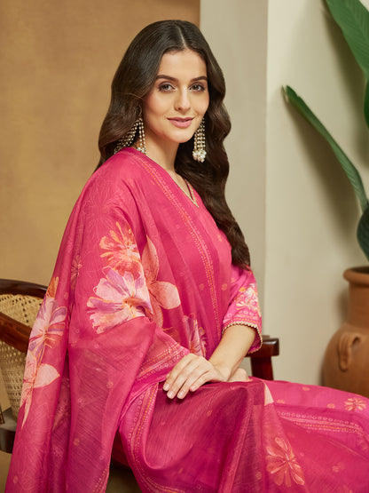 Janasya Women's Pink Cotton Blend Floral Printed Anarkali Kurta Set