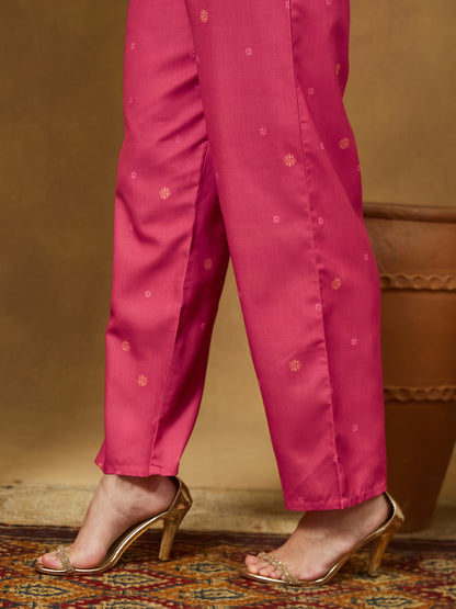 Janasya Women's Pink Cotton Blend Floral Printed Anarkali Kurta Set