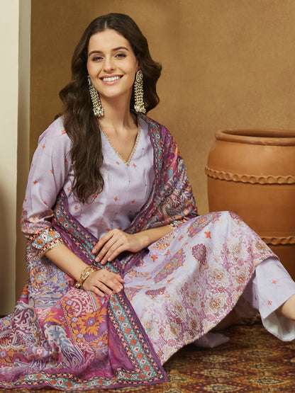 Janasya Women's Lavender Cotton Blend Ethnic Motifs Printed Anarkali Kurta Set