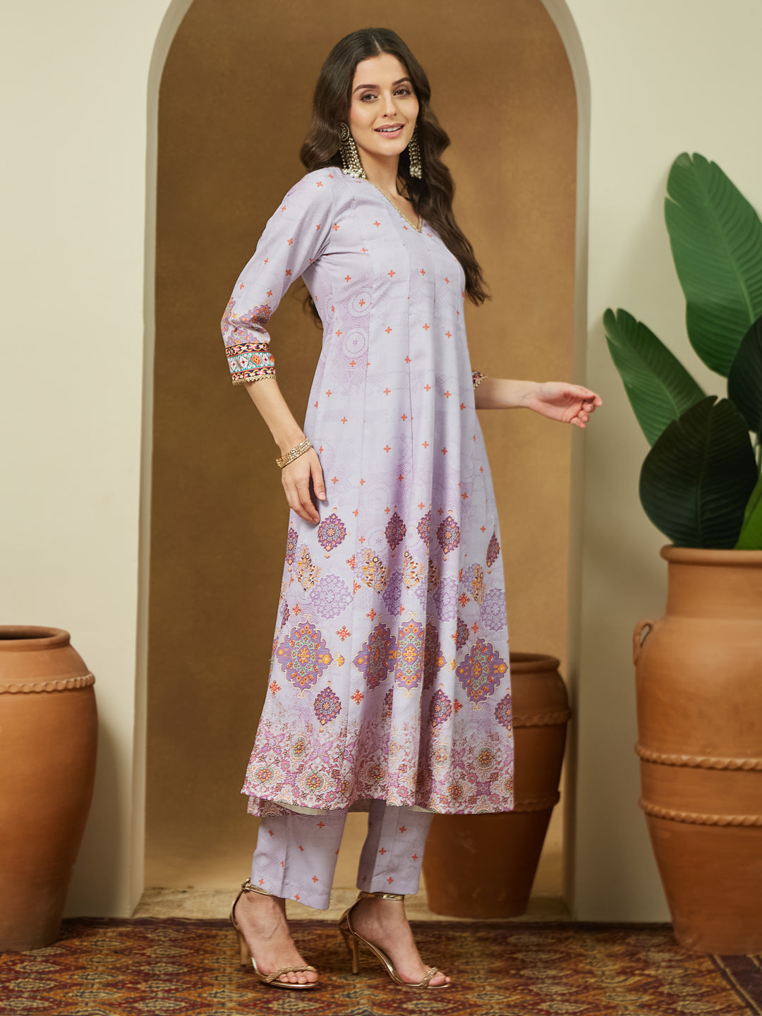 Janasya Women's Lavender Cotton Blend Ethnic Motifs Printed Anarkali Kurta Set