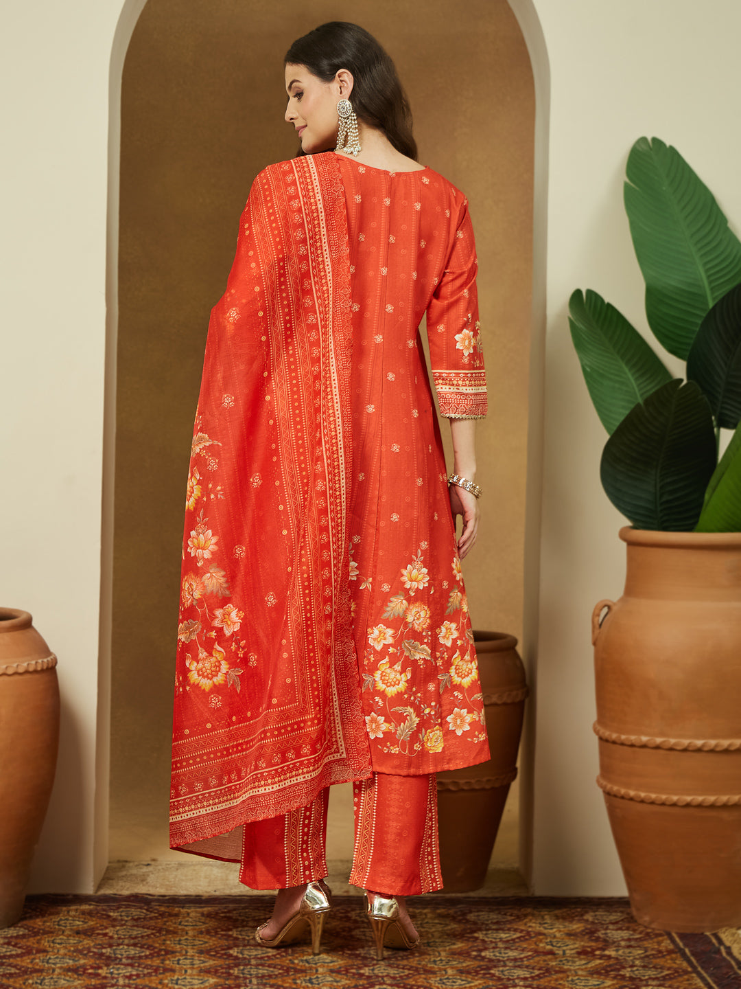 Janasya Women's Orange Cotton Blend Floral Printed Anarkali Kurta Set