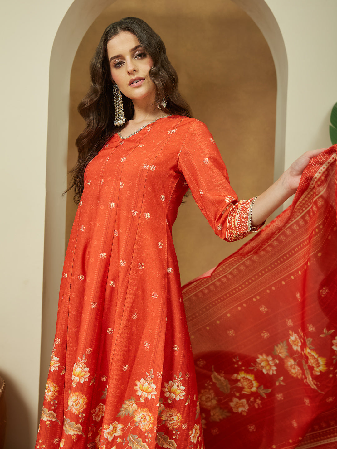 Janasya Women's Orange Cotton Blend Floral Printed Anarkali Kurta Set