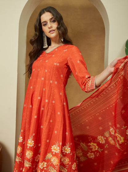 Janasya Women's Orange Cotton Blend Floral Printed Anarkali Kurta Set