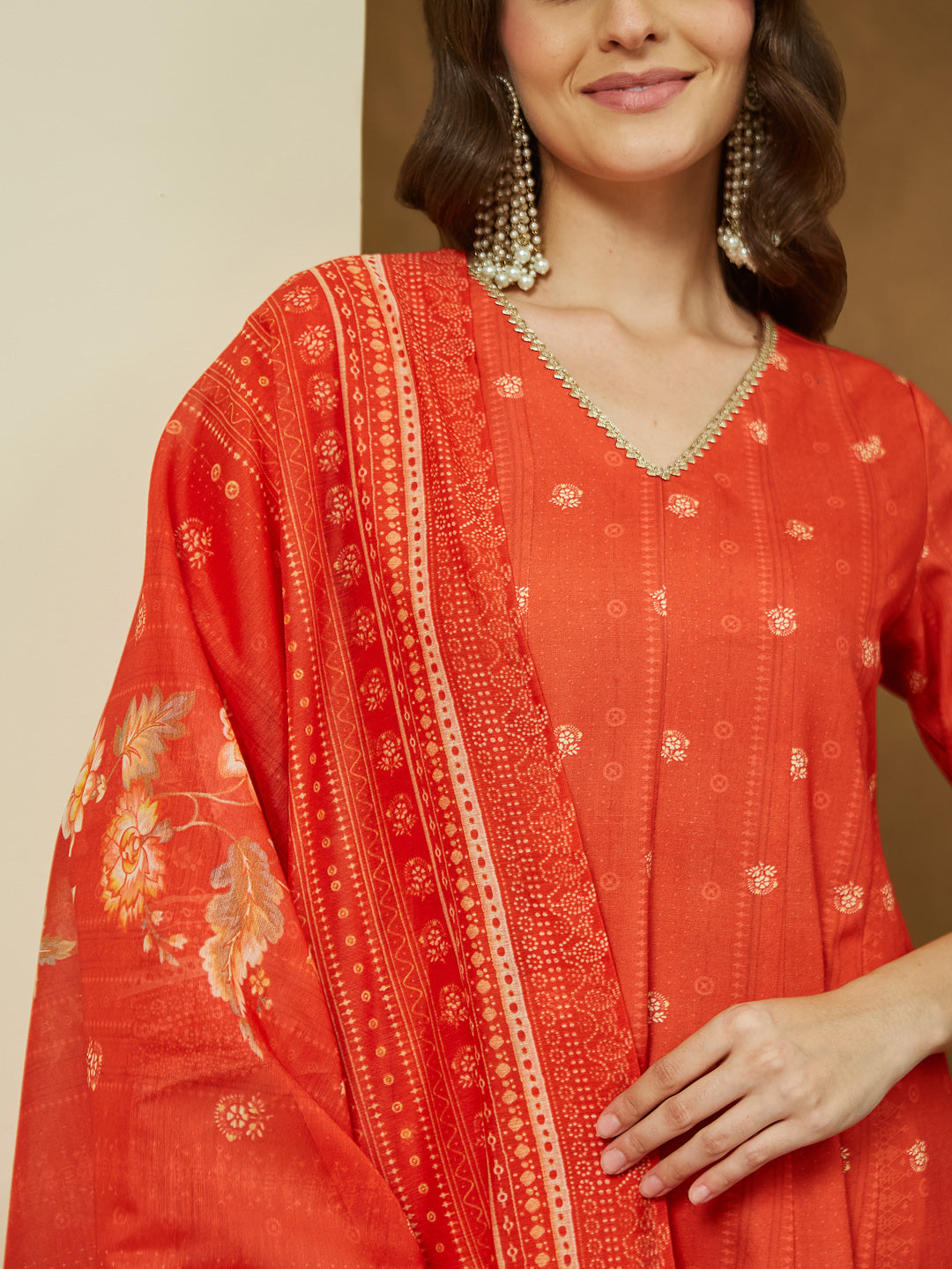 Janasya Women's Orange Cotton Blend Floral Printed Anarkali Kurta Set