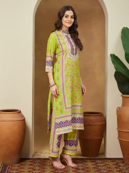 Janasya Women's Green Cotton Blend Floral Printed Pakistani Style Straight Kurta Set