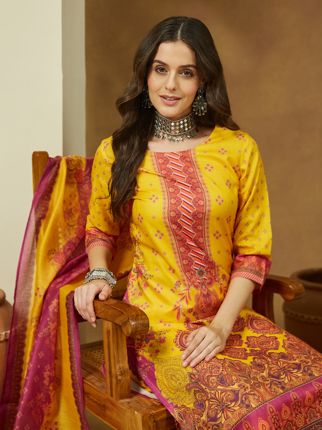 Janasya Women's Yellow Cotton Blend Floral Printed Straight Kurta Set