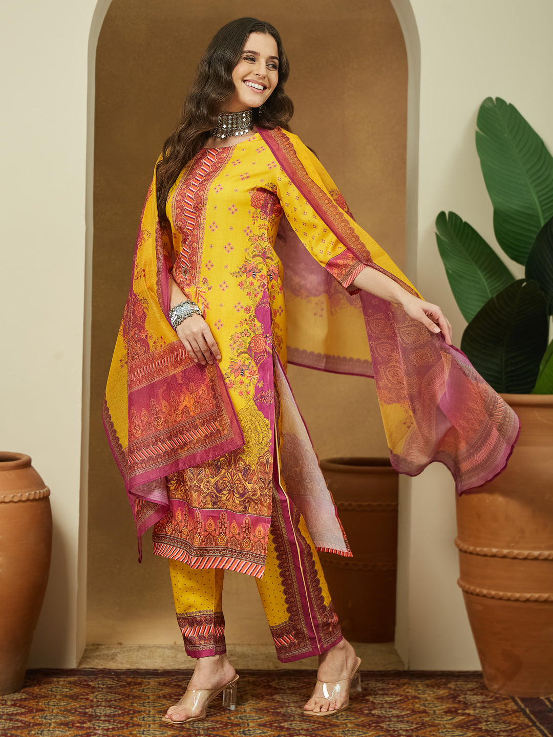 Janasya Women's Yellow Cotton Blend Floral Printed Straight Kurta Set