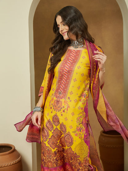 Janasya Women's Yellow Cotton Blend Floral Printed Straight Kurta Set