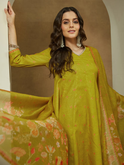 Janasya Women's Mustard Cotton Blend Floral Printed Anarkali Kurta Set