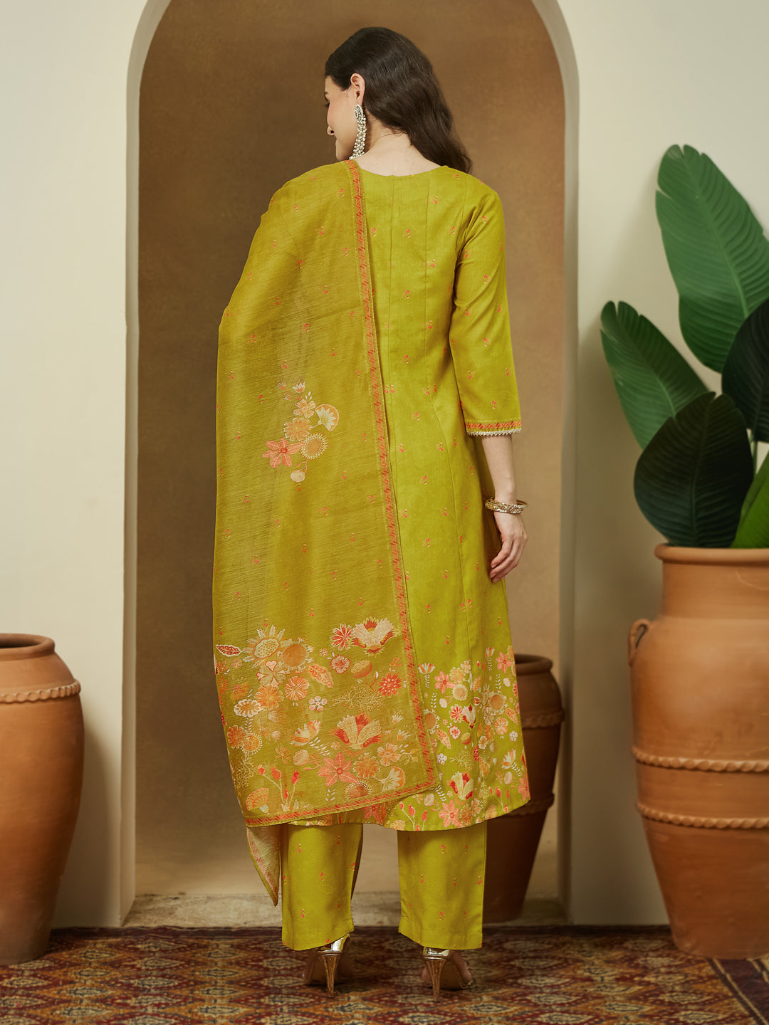 Janasya Women's Mustard Cotton Blend Floral Printed Anarkali Kurta Set