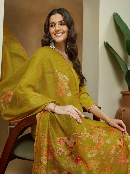 Janasya Women's Mustard Cotton Blend Floral Printed Anarkali Kurta Set